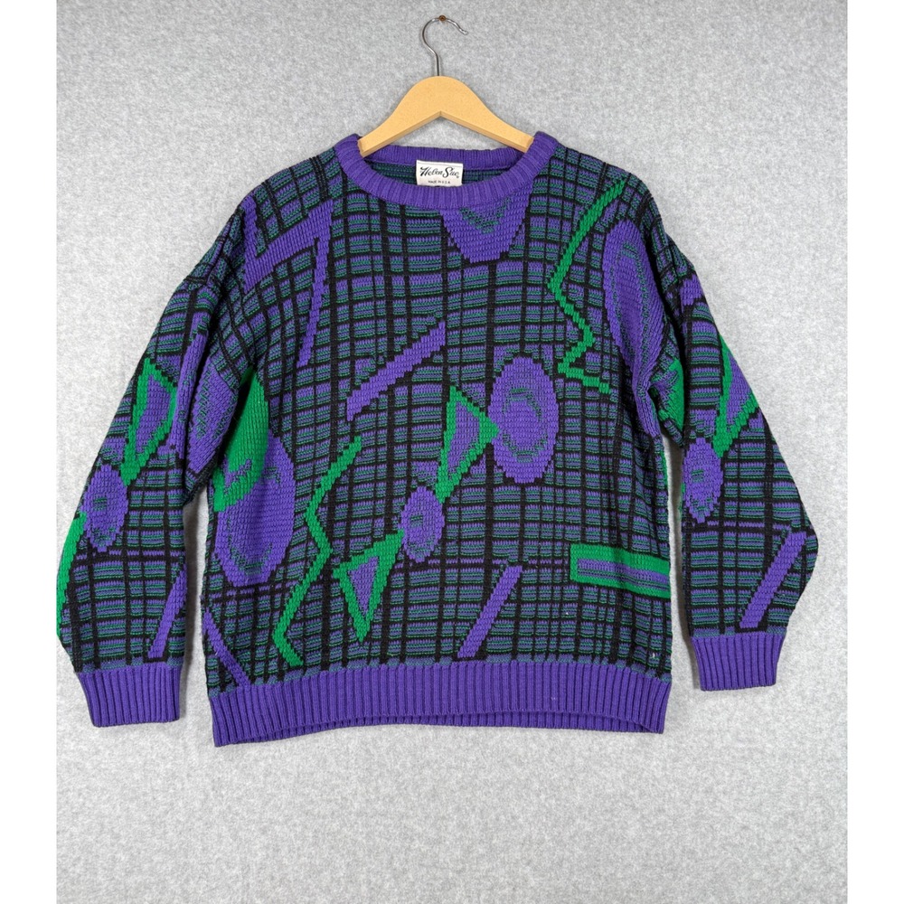 Helen Sue Large Vintage 80s Sweater Geometric Abstract Acrylic Purple Green